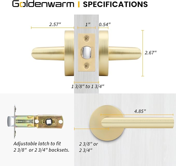 Goldenwarm Gold Closet Door Handles Interior, Brushed Brass Interior Passage Door Handles, Heavy Duty Zinc Alloy Brushed Gold Door Lever for Hall and Closet (1 Pack)