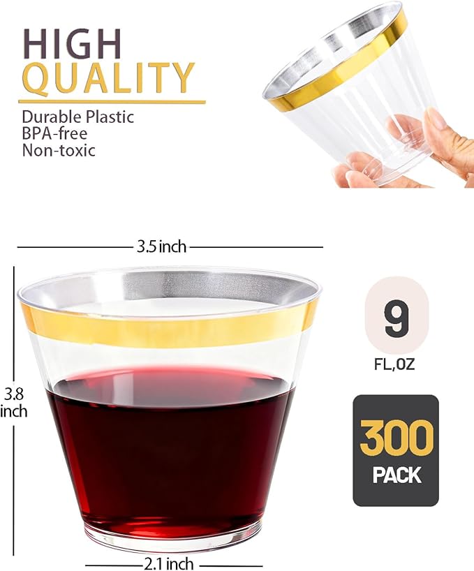 Ciaell 300PCS Gold Plastic Cups - 9Oz Heavy Duty Plastic Cups - Gold Rimmed Disposable Cup - Disposable Clear Wine Cup with Gold Rim for Party & Wedding & Christmas & New Year