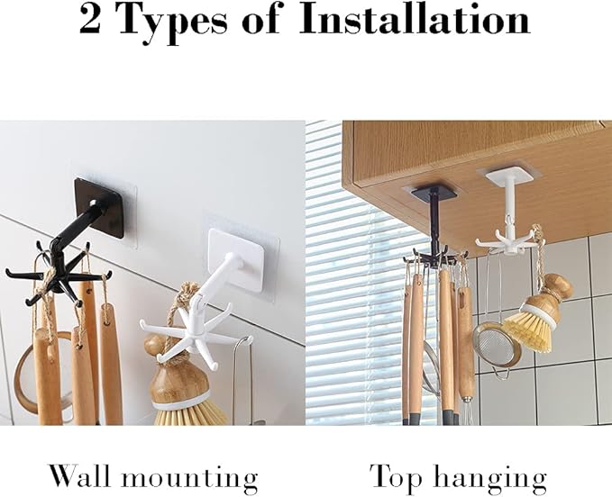 Rotating Kitchen Utensil Hook – Wall Mounted 6 Hook Organizer