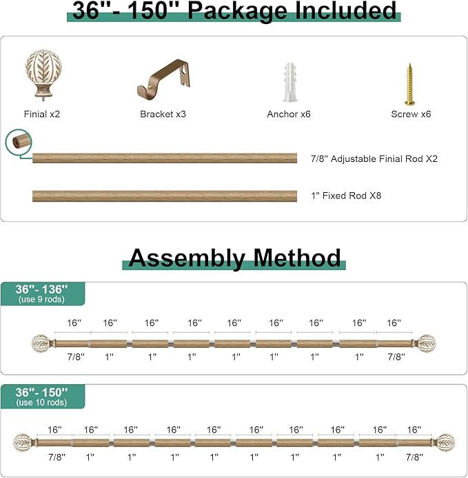 Boho Wood Curtain Rods for Windows 72 to 144 inch,1" Adjustable Heavy Duty Window Curtain Rod with Imitation Wood Grain Finials,Rustic Decorative Drapery Rods Set,Size:36-150'',Weathered Wood