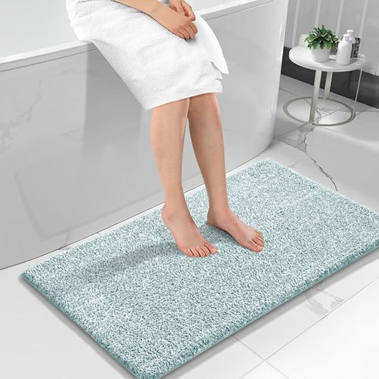 Yimobra Long Bathroom Rug Non Slip Washable, Soft Absorbent Microfiber Bath Mat, Dual-Tone Decor Rug with Rubber Backing for Bathroom Floor Tub and Shower,44x24,Home Essentials,Light Blue and White