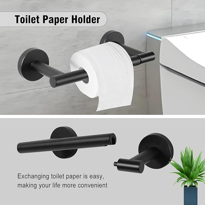5-Piece Towel Racks for Bathroom, Stainless Steel Bathroom Accessories Set, Bathroom Towel Holder Wall Mounted, Sturdy Bath Towel Bar Set Bathroom Hardware Set (Matte Black, 2 Pillar Paper Holder)