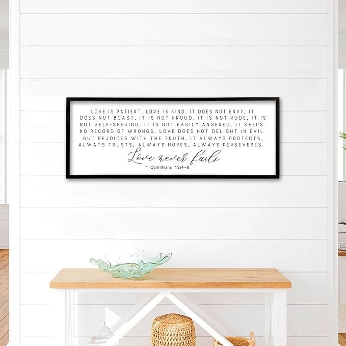 Love is Patient Kind Sign Wall Art 40"X15" 1 Corinthians 13 Bible Verse for Bedroom Above Over Bed Christianity Large Wood Framed Wall Hanging Decor (Black）