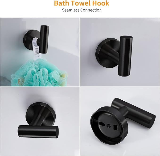 Cilee 10 Piece Matte Black Bathroom Accessories Set, 24inch Black Towel Bar Ring+Toilet Paper Holder+ Robe Towel Hook SUS304 Stainless Steel Bathroon Hardware Set