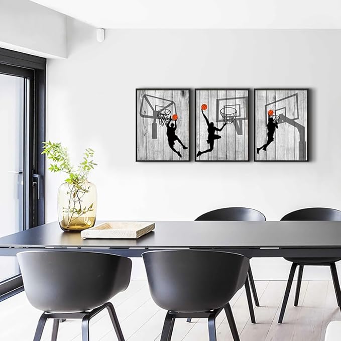 Black Framed Wall Art For Living Room Boy's Bedroom Wall Decor Artwork Office Wall Hanging Decor Black And White Prints Framed Pictures Play Basketball Sport Painting Modern Home Decoration 3 Piece