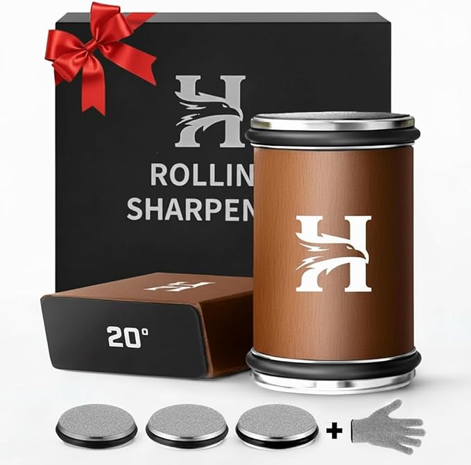 High Carbon Stainless Steel Rolling Knife Sharpener Kit – 400, 1000 & 3000 Grit Discs –15° & 20° Sharpening Angles – Professional & Home Kitchen Use – Restores Blunt Knives