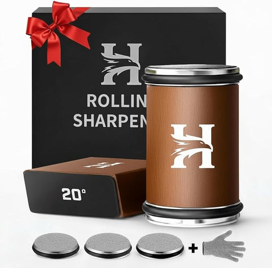 High Carbon Stainless Steel Rolling Knife Sharpener Kit – 400, 1000 & 3000 Grit Discs –15° & 20° Sharpening Angles – Professional & Home Kitchen Use – Restores Blunt Knives