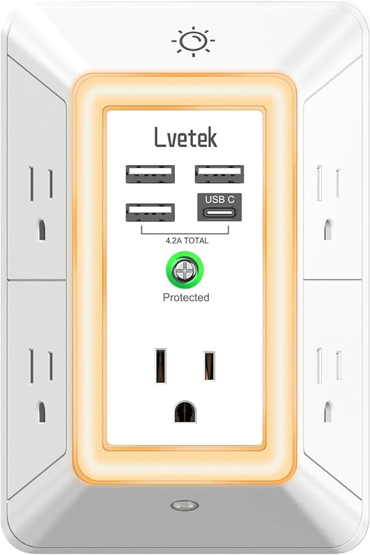 Multi Plug Outlet Surge Protector - Lvetek 3-Sided Power Strip with 5 Outlet Extender and 4 USB Ports(1 USB-C) and Night Light, USB Wall Charger for Home, Office, Travel, ETL Listed, White