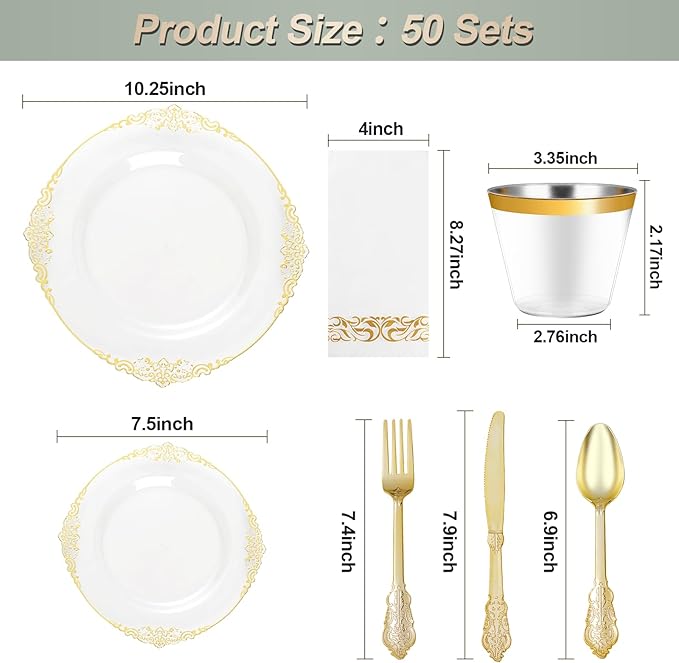 350PCS Clear Gold Plastic Plates for 50 Guests, Disposable Dinnerware Set Includes 100 Clear Disposable Plates, 150 Gold Silverware, 50 Cups, 50 Napkins for Party, Wedding