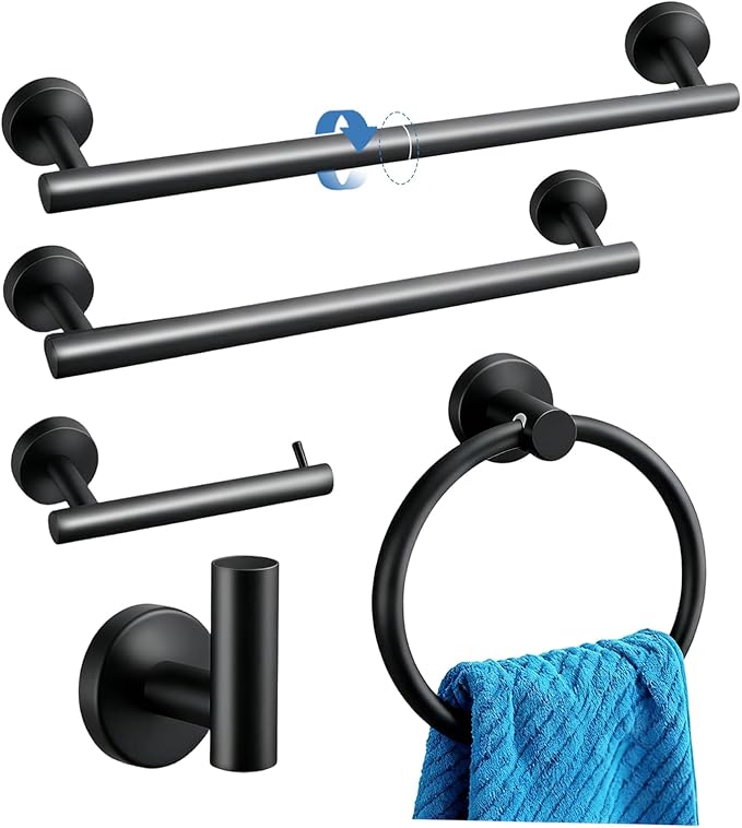 5-Piece Matte Black Bathroom Hardware Set - 5-in-1 Towel Rack Set, 23.6-inch SUS304 Stainless Steel Towel Bar and Toilet Paper Holder | Modern Black Bathroom Accessories (5, Matte Black)
