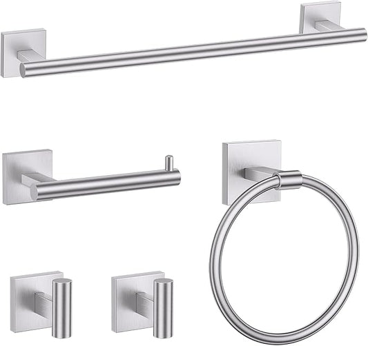 TURS Brushed Nickel 5-Pieces Bathroom Hardware Set SUS304 Stainless Steel Towel Bar Set Wall Mounted 23.6 Inch Towel Racks for Bathroom Squared