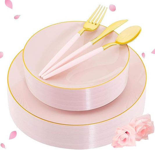 Liacere 150PCS Plastic Plates-Gold Plastic Silverware with Pink Handle - Pink Disposable Plates Include 30 Guests Plates, Forks, Spoons, Knives for Wedding＆Easter Day＆Mother's Day＆Valentine's Day