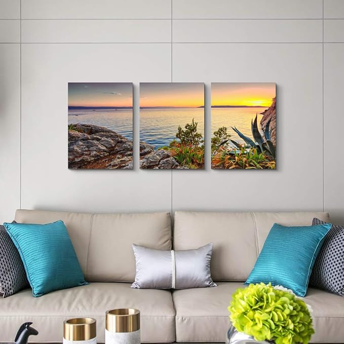TTHYUEWS Wall Art For Living room beach sunset landscape Wall Decor for artwork Painting 12" x 16" 3 Pieces Canvas Prints For bedroom Decor Modern Salon kitchen office wall Painting Home decorations