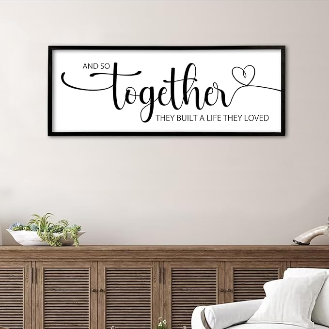 And So Together They Built A Life They Loved Sign Wall Decor 40"X15" Bedroom Above Over Bed Large Wood Framed Love Quotes for Couple Wall Hanging Art (Black)