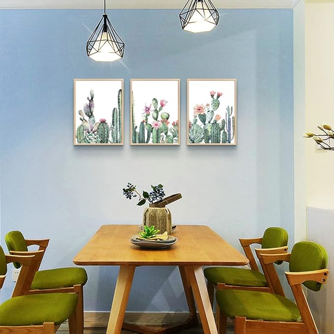 Natural Wood Framed Wall Art For Living Room & Bedroom Decor - Green Succulent Cactus Paintings - 3 Piece Framed Art Prints