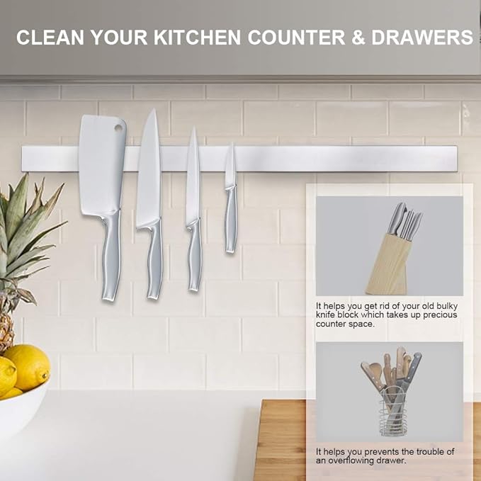 24 Inch Magnetic Knife Strip, Premium Stainless Steel Wall Mounted Kitchen Knives Bar,Space-Saving Powerful No Drilling Magnetic Knife Rack for Home Kitchen Utensil Holder & Tool Holder