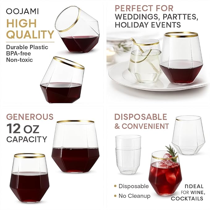 Oojami 40 count Diamond Unbreakable Stemless Plastic Wine Champagne Whiskey Glasses Elegant Durable Disposable Indoor Outdoor Ideal for Home, Office, Bars, Wedding, 12 Ounce Cups Gold Rim (Gold)