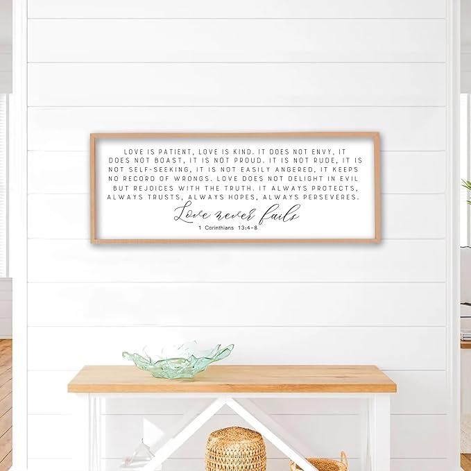 Love is Patient Kind Sign Wall Art 40"X15" 1 Corinthians 13 Bible Verse for Bedroom Above Over Bed Christianity Large Wood Framed Wall Hanging Decor (Wood）