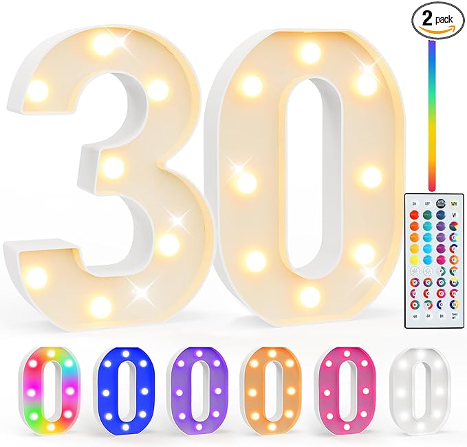 Pooqla 30th Birthday Decorations for Her Him, 35 Colors LED Light Up Numbers with Remote, Multicolor Marquee Numbers 30 Sign for Party Wedding Anniversary Decor 30th Birthday Gift, Number 30