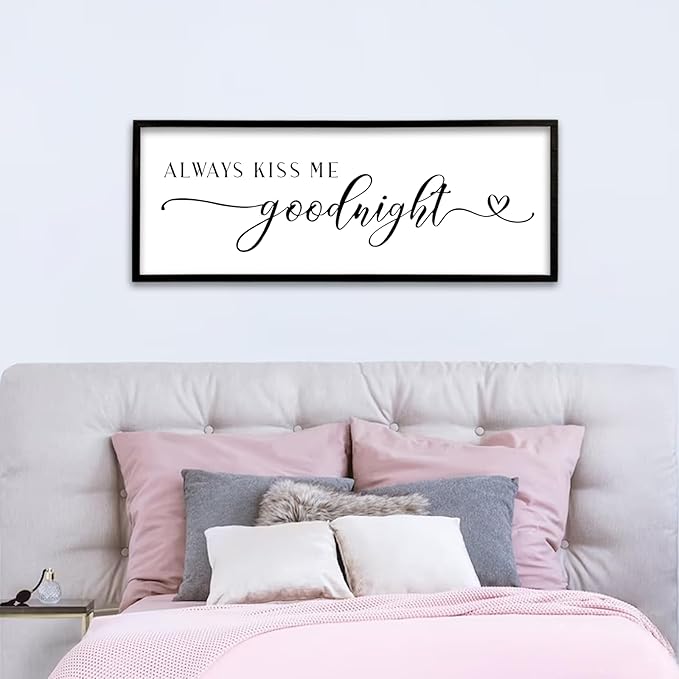Always Kiss Me Goodnight Sign Wall Decor 40"X15" Master Bedroom Above Bed Large Wooden Framed for Couples Over Bed Wall Hanging Art (Black)