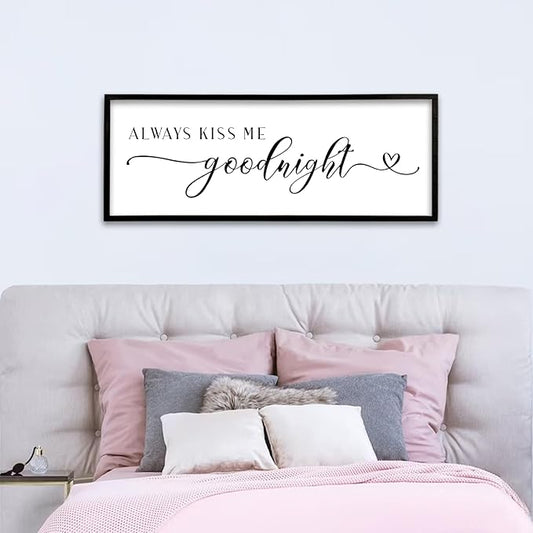 Always Kiss Me Goodnight Sign Wall Decor 40"X15" Master Bedroom Above Bed Large Wooden Framed for Couples Over Bed Wall Hanging Art (Black)
