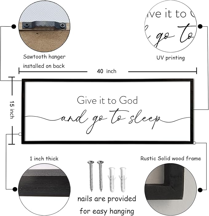 Give It To God And Go to Sleep Wall Decor 40"X15" Master Bedroom Above Bed Large Wood Framed Sign Rustic Guest Room Over Bed Wall Hanging Art (Black)