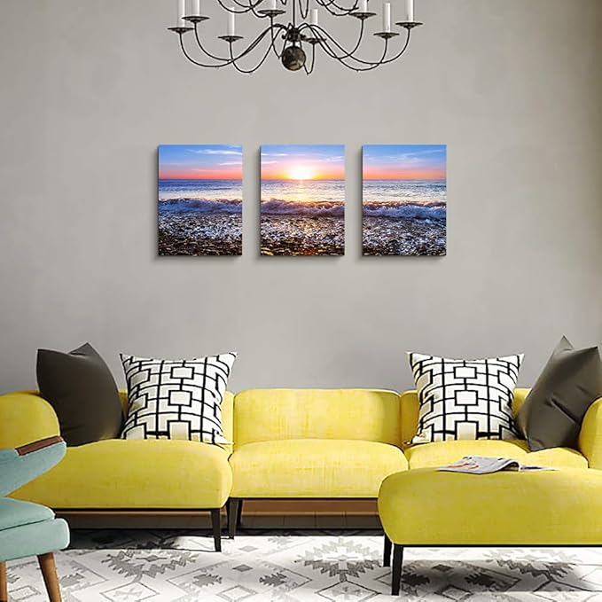 Wall Art For Living Room Blue Ocean Sea Canvas Wall Decor for Home artwork Painting 12" x 16" 3 Pieces Canvas Print For bedroom Decor Modern Salon kitchen office Hang a picture Beach Sun ocean