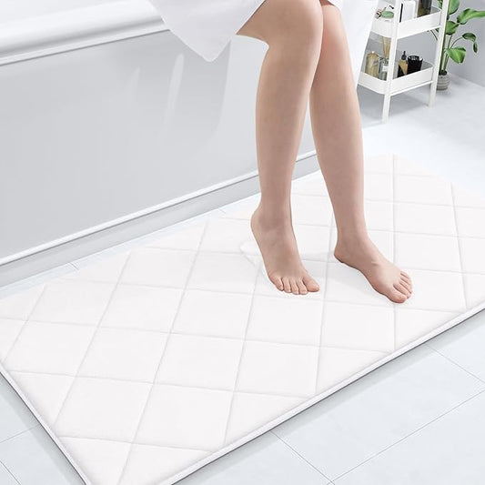 OLANLY Memory Foam Bath Mat 44x24, Ultra Soft and Absorbent Bathroom Rugs, Machine Washable, Comfortable Bath Carpet for Bathroom Floor, Tub and Shower, White