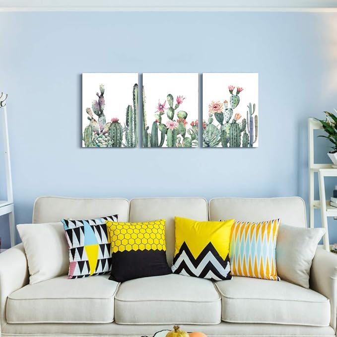 Canvas Wall Art For Living Room Family Wall Decor For Bedroom Kitchen Wall Art Pictures Artwork Prints Green Succulent Cactus Wall Painting Modern Framed Bathroom Home Decorations 12" X 16"3 Piece