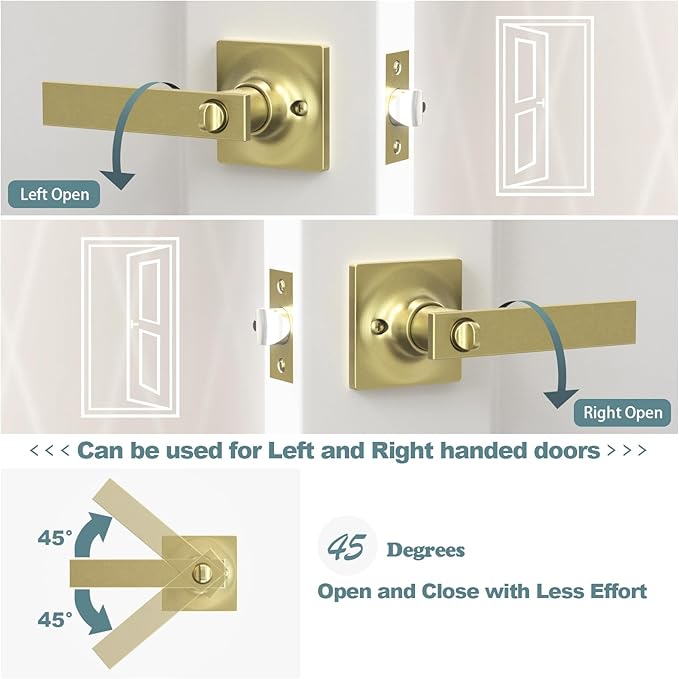 4 Pack Brushed Gold Door Handles - Privacy Door Levers Set, Keyless Interior Door Knobs, Modern Heavy Duty Square Door Lock for Bedroom or Bathroom, Reversible for Left Right Sided Doors