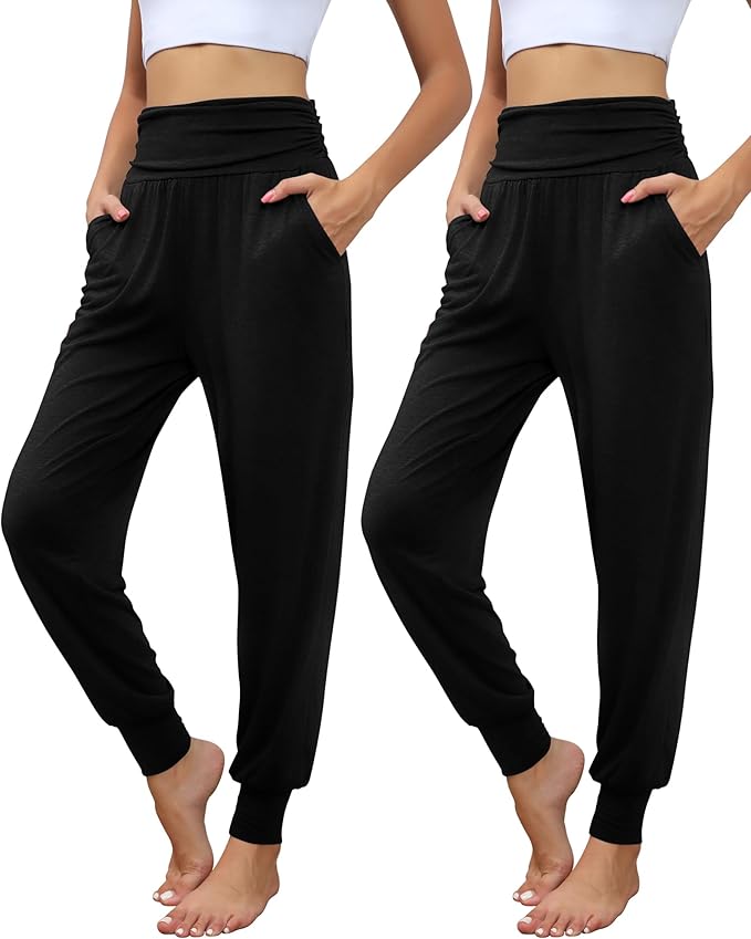 2 Pack Women's Yoga Joggers, Cozy Sweatpants with Pockets Casual Loose Comfy High Waisted Lounge Pants