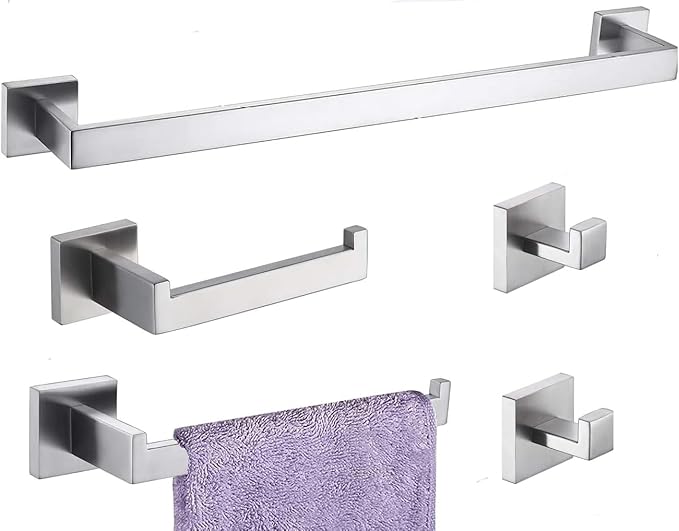 Bathroom Hardware Set 5 Piece Brushed Nickel Bathroom Accessories Set SUS304 Towel Bar Set Includes Towel Bar 24 Inch+Towel Holder+Toilet Paper Holder+Towel Hook (5, Brush Nickel)