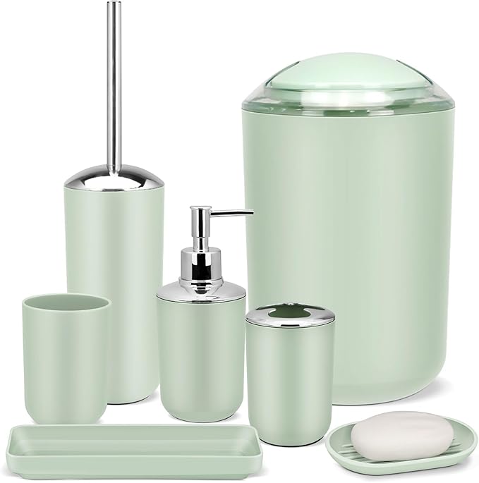IMAVO Bathroom Accessories Set,Green Bathroom Set,7 Pieces Bathroom Accessory Set,Tray,Toilet Brush,Trash Can for Bathroom Décor and Housewarming Gifts