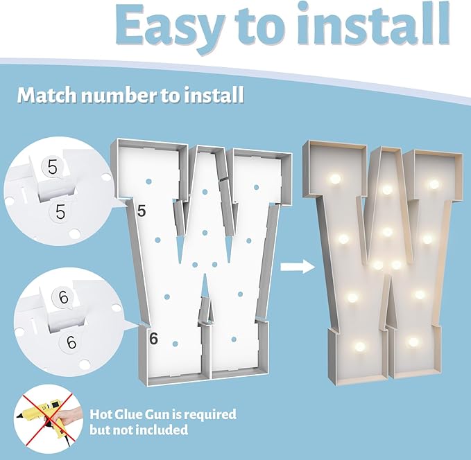 4FT Marquee Light Up Letters W,Party Decoration Large Marquee Light Up Letters with Weighted Water Bag,Pre-cut Foam Board Set Can Be Used for Birthdays,Weddings,Baby Anniversaries