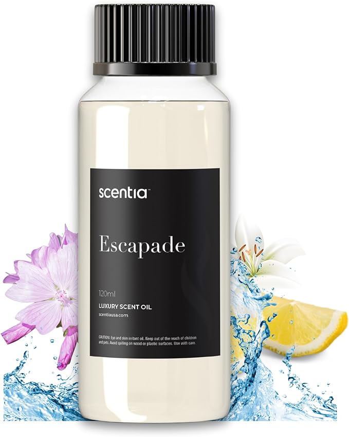 Scentia Hotel Diffuser Oil Inspired by 5-Star Hotel Scent - 120 mL 4.06 fl oz - Essential Oil Botanical Jasmine, Bergamot & Fresh Marine Notes for Aromatherapy Diffusers - Escapade, Thanksgiving Gift