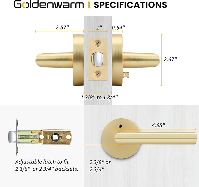Goldenwarm Gold Door Handles Interior, Privacy Brushed Brass Interior Door Handles, Heavy Duty Zinc Alloy Brushed Gold Door Lever for Bedroom and Bathroom (1 Pack)