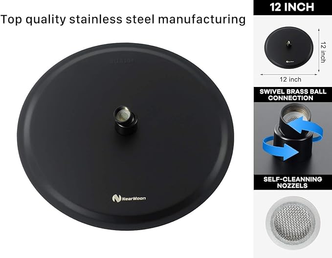NearMoon Rain Shower Head with 11'' Adjustable Arm, High Pressure Stainless Steel Rainfall Shower, Ultra-Thin Design - Pressure Boosting (12 Inch, Matte Black)