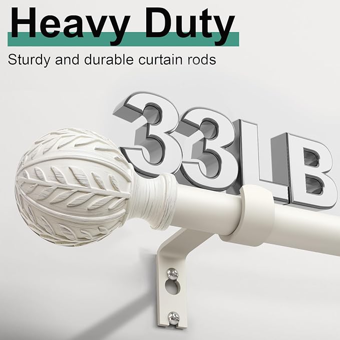 2 Pack Antique White Curtain Rods for Windows 28 to 48 inch,1" Adjustable Heavy Duty Window Curtain Rod with Leaf Finials,Rustic Decorative Drapery Rods Set,Size:18-60''