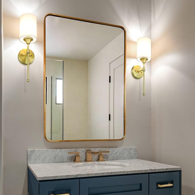 XiNBEi Lighting Wall Sconce Lighting, Vintage 1 Light Bathroom Sconce Vanity Light with Fabric Shade Satin Brass Finish for Corridor Bedroom & Living Room XB-W1260-SB