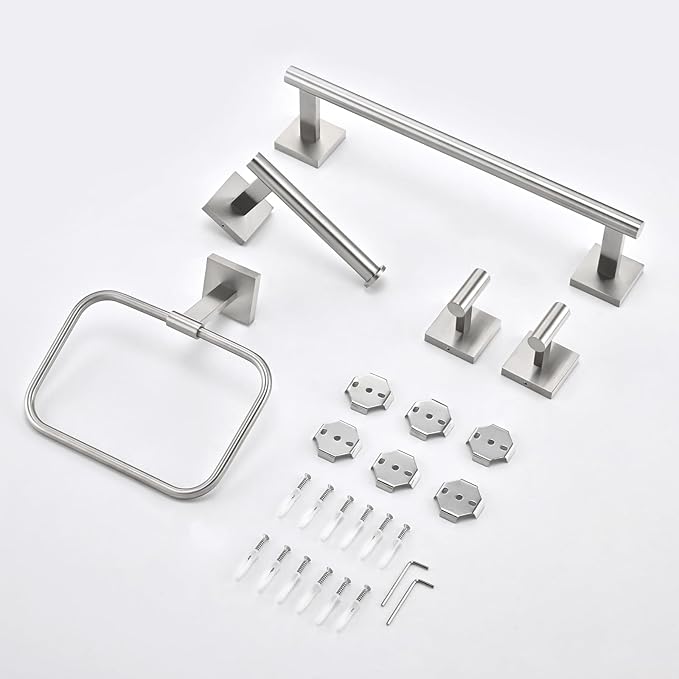 16" Brushed Nickel Bathroom Hardware Set 5-Piece, Fingerprint-Free SUS304 Stainless Steel Towel Bar for Small Bath & RV, Modern Square Bath Accessories Kit (Brushed Nickel)