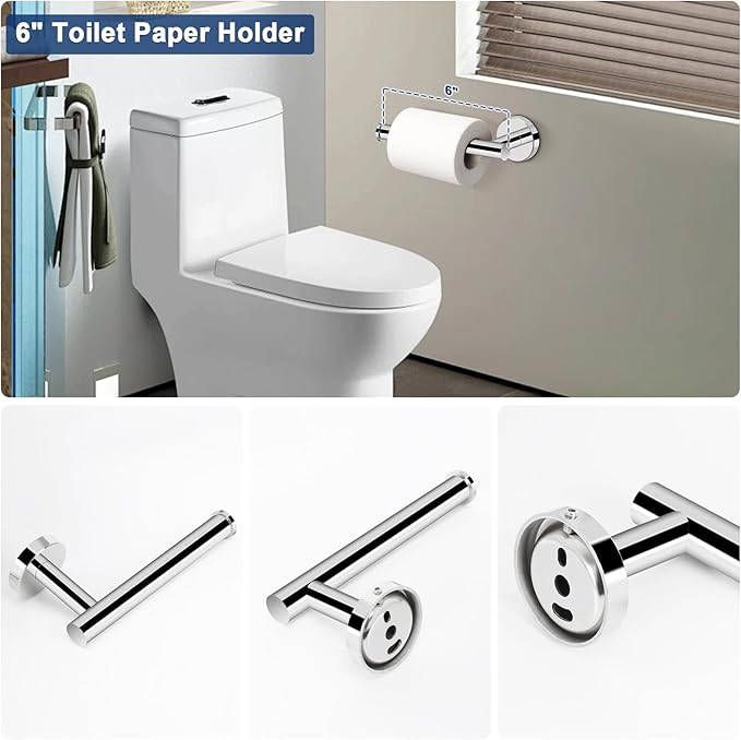 NearMoon 5 Pieces Bathroom Hardware Set SUS304 Thicken Stainless Steel-Towel Rack Kit Include 24" Towel Rod + Bath Towel Ring + Toilet Paper Holder +2 Robe Towel Hooks Bath Accessories (Chrome Finish)