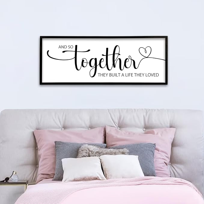 And So Together They Built A Life They Loved Sign Wall Decor 40"X15" Bedroom Above Over Bed Large Wood Framed Love Quotes for Couple Wall Hanging Art (Black)