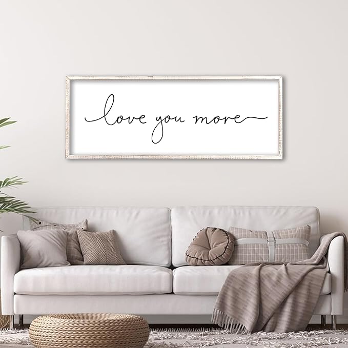 Love You More Sign Wall Decor Art 40"X15" Master Bedroom Guest Room Above Over Bed for Home Couple Rustic Large Wood Framed Wall Hanging (White)