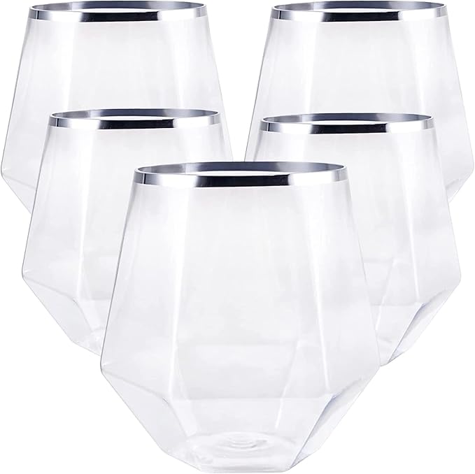 40 count Diamond Unbreakable Stemless Plastic Wine Champagne Whiskey Glasses Elegant Durable Disposable Indoor Outdoor Ideal for Home, Office, Bars, Wedding, 12 Ounce Cups Silver Rim (Silver)
