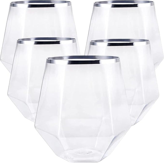 40 count Diamond Unbreakable Stemless Plastic Wine Champagne Whiskey Glasses Elegant Durable Disposable Indoor Outdoor Ideal for Home, Office, Bars, Wedding, 12 Ounce Cups Silver Rim (Silver)