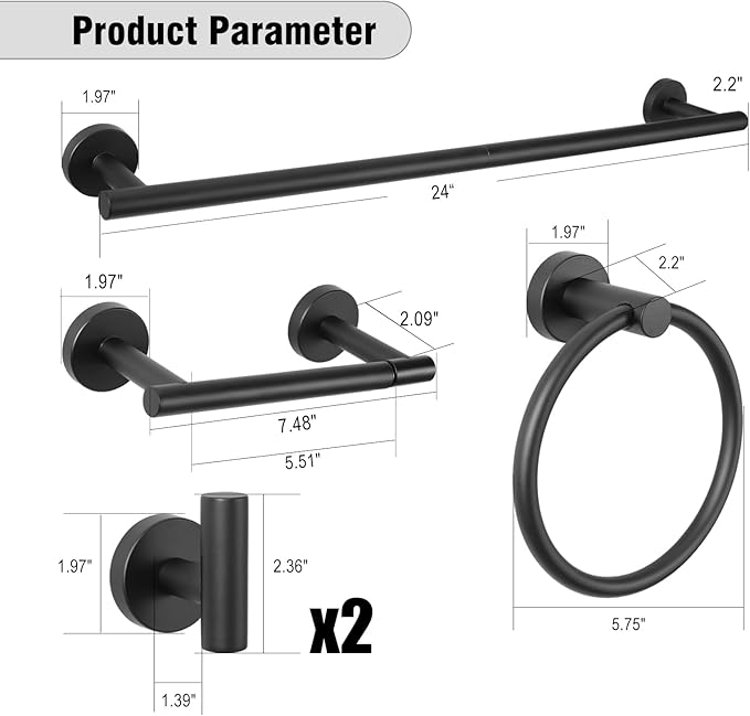 5-Piece Towel Racks for Bathroom, Stainless Steel Bathroom Accessories Set, Bathroom Towel Holder Wall Mounted, Sturdy Bath Towel Bar Set Bathroom Hardware Set (Matte Black, 2 Pillar Paper Holder)