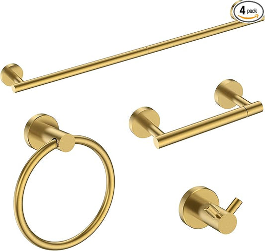 FORIOUS Bathroom Hardware Accessories Set, SUS304 Stainless Steel 24 Inch Towel Bar Set, Modern Towel Racks Holder for Bathroom Wall Mounted, 4 Pieces, Brushed Gold