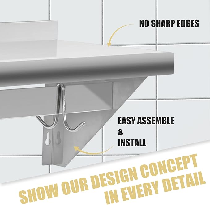 Hally Stainless Steel Shelf with 4 Hooks 14" x 24" Wall Mounted Pot Rack 250lb, NSF Commercial Floating Shelving for Storage Hanging Pots, Pans, cookware in Restaurant, Kitchen, Home and Hotel