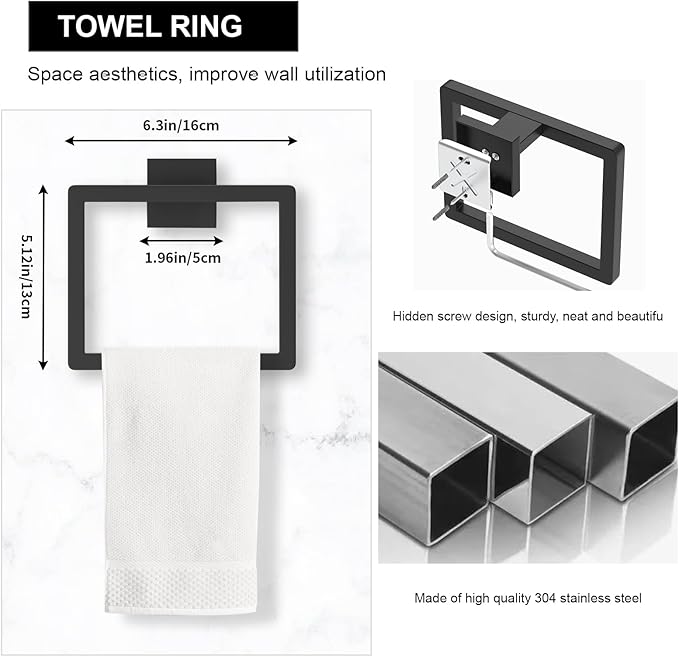 5-Pieces Matte Black Bathroom Accessories Set, 23.6 Inch Bath Towel Bar Set, SUS 304 Stainless Steel Bathroom Hardware Set, Towel Racks for Bathroom Wall Mounted.