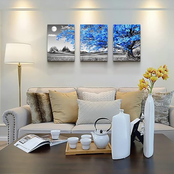 Wall Art For Living Room black and white Blue tree moon Canvas Wall Decor for Home artwork Painting 12" x 16" 3 Pieces Canvas Print For bedroom Decor Modern Salon kitchen office Hang a picture